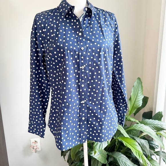 Talbots Polka Dot Navy Blue Button Up Blouse Size Small Cotton - Picture 1 of 7